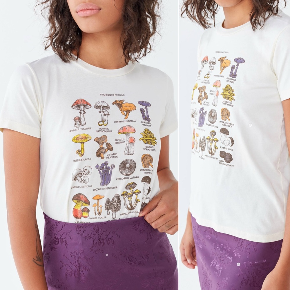 Urban Outfitters Future State Mushroom Chart Cream T-Shirt Fungi Size XS